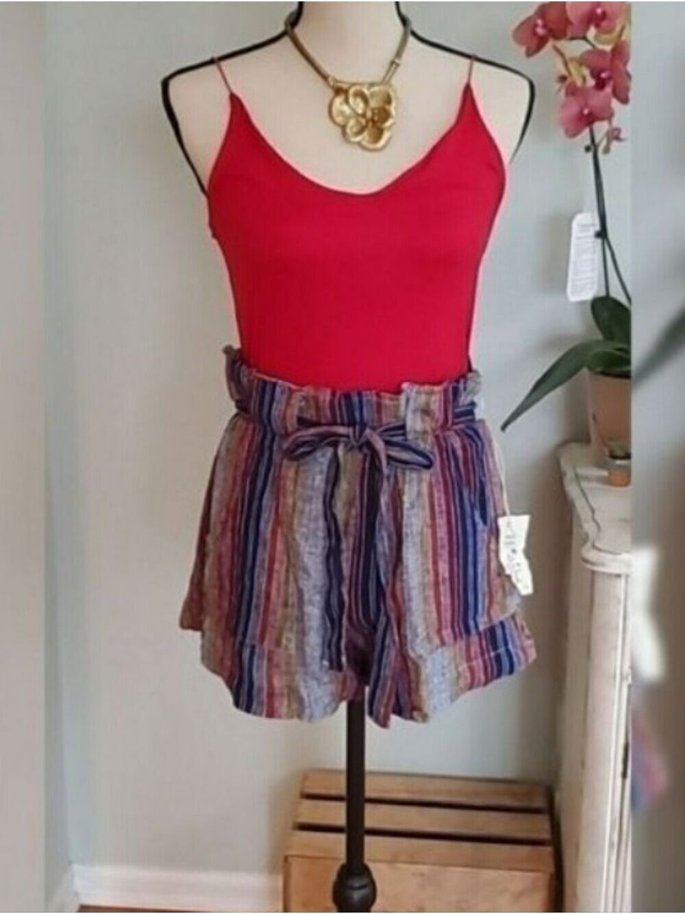 Indigo Rein Linen Blend Striped Paper Bag High Waisted Shorts